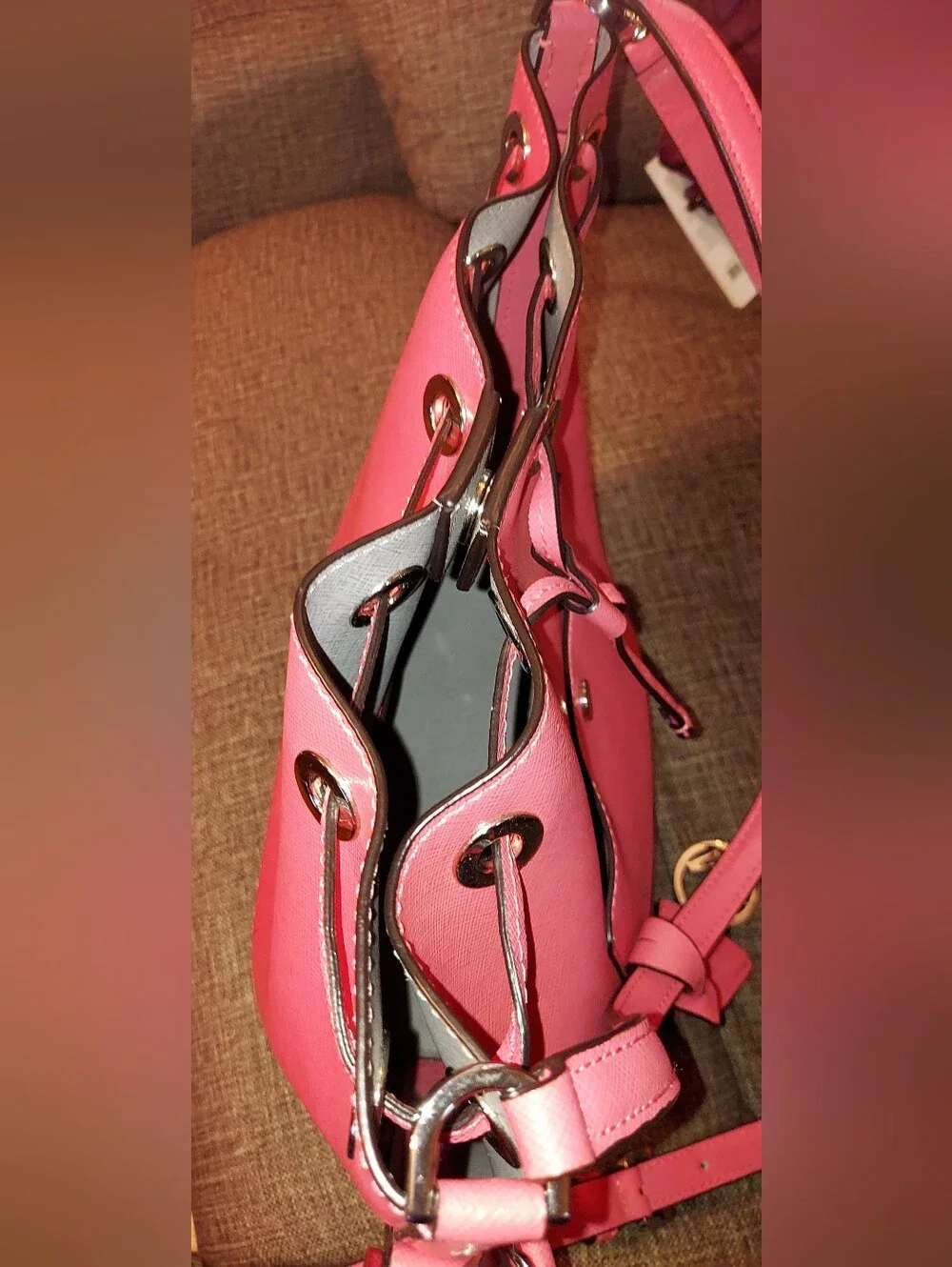 Michael Kors Coral Saffiano Drawstring Shoulder Bag with Gold Hardware